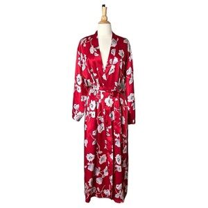 JONES New York Vintage Kimono Robe Topper Jacket Long Red Satin Floral, Medium